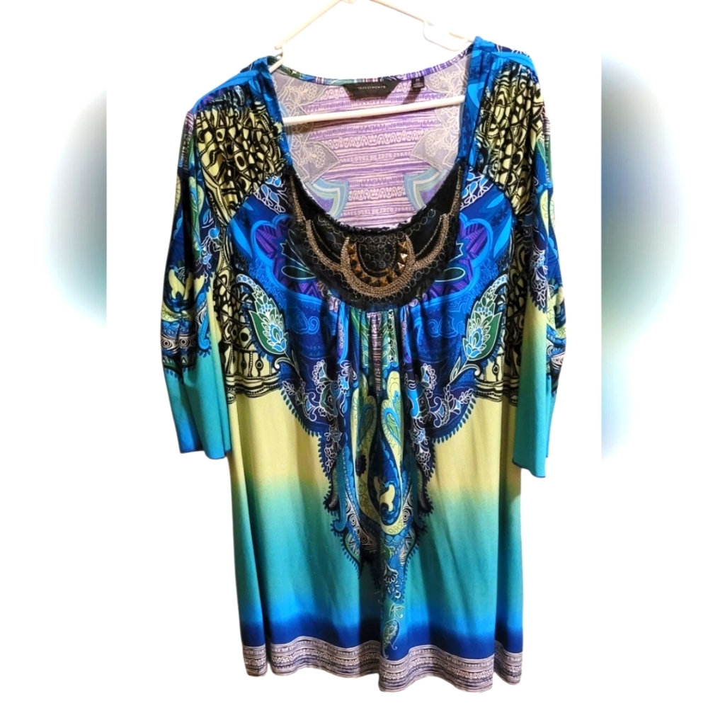 Investmemts Vibrant Blue and Green Women's Tunic Size 2X PTP 23